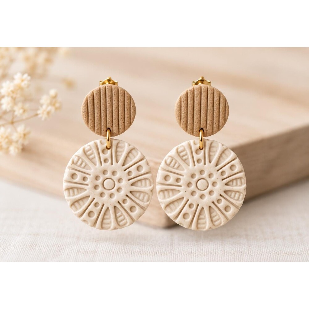 Neutral Beige Embossed Dangle Earrings, Boho Polymer Clay Statement Jewelry